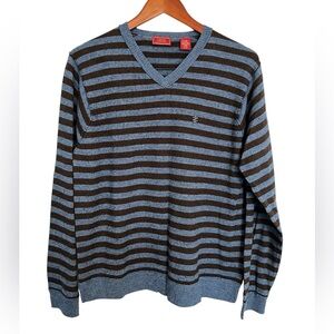 IZOD Striped V-Neck Sweater Blue and Brown size medium